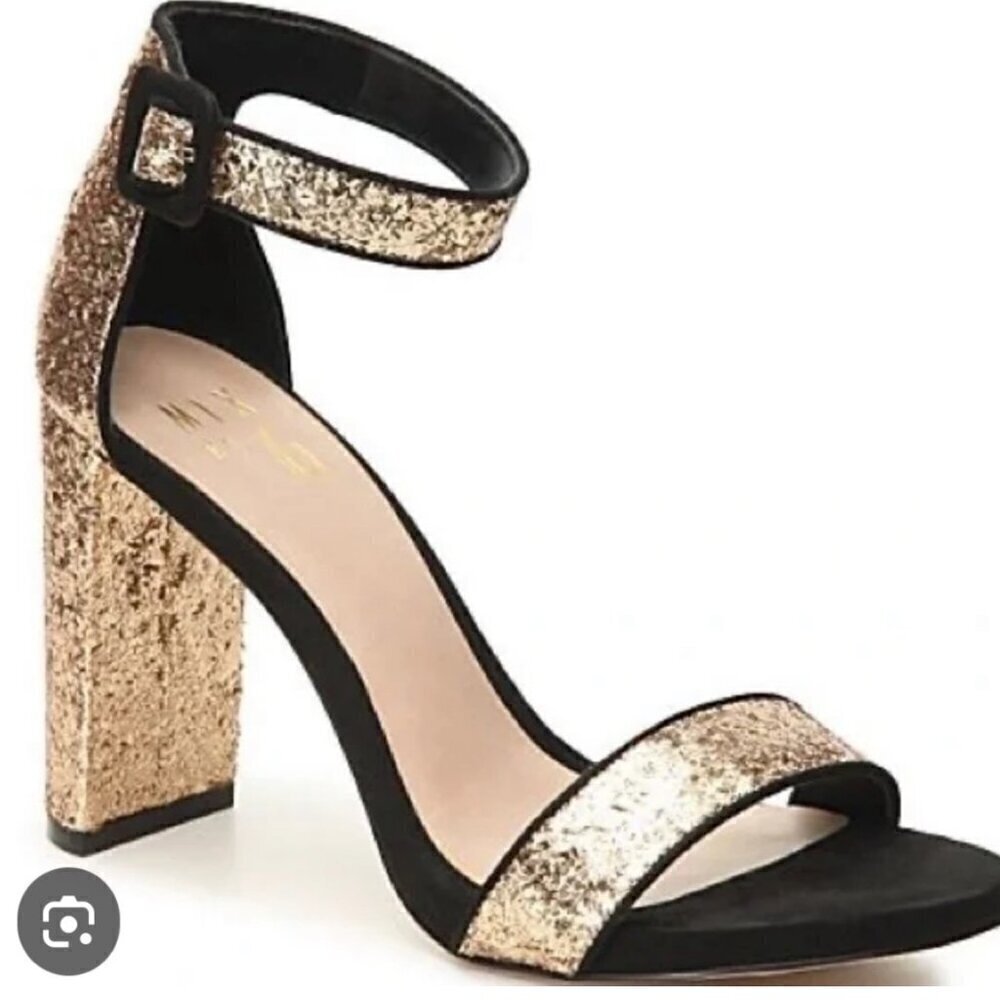 Mix No.6 SZ 9 Cym Gold Glitter Ankle Strap Heels Dressy Formal Prom Club Wedding